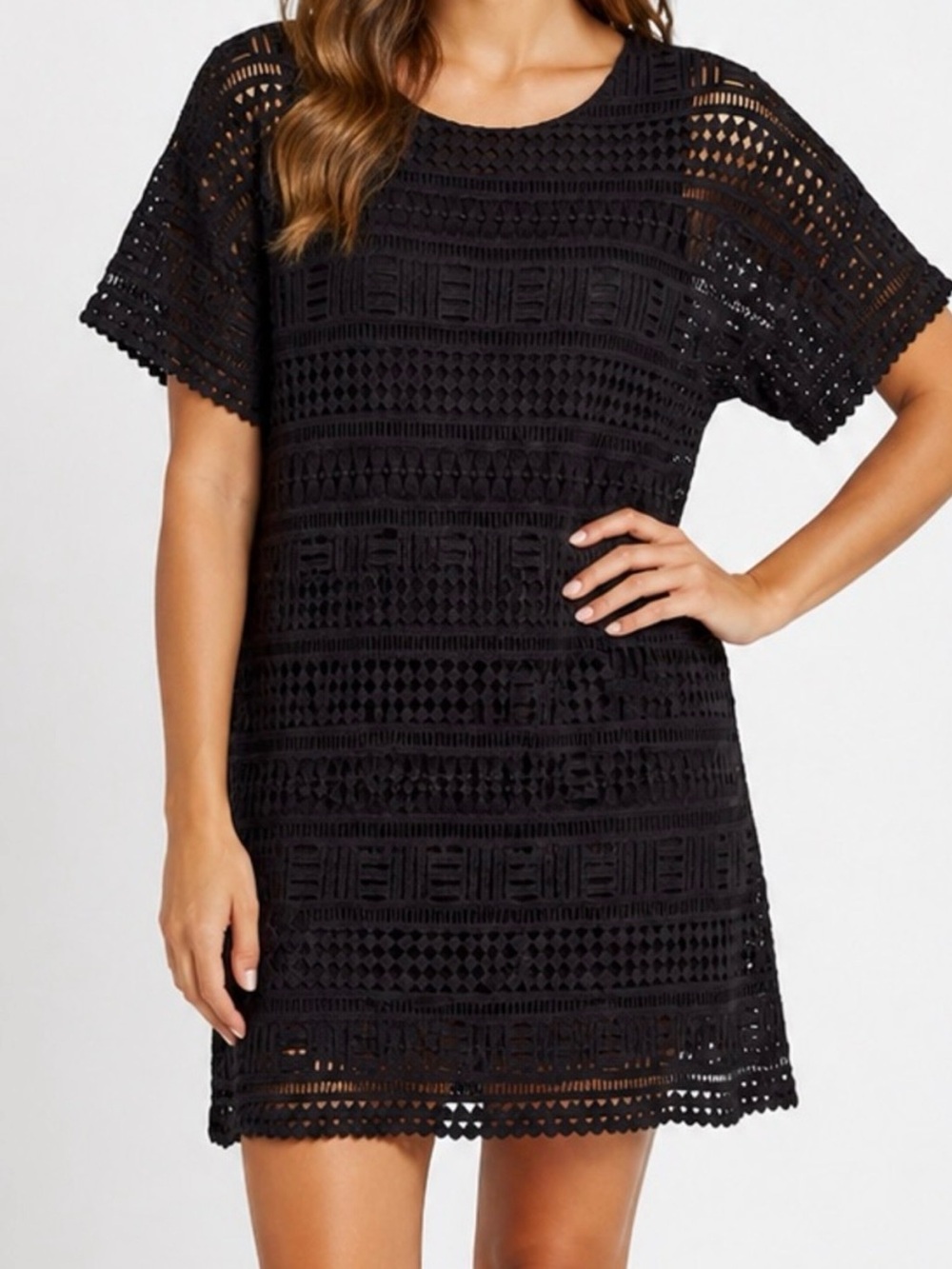 Vince Cotton Lace Crochet Short Sleeve Shift Dress Black, Sz 12